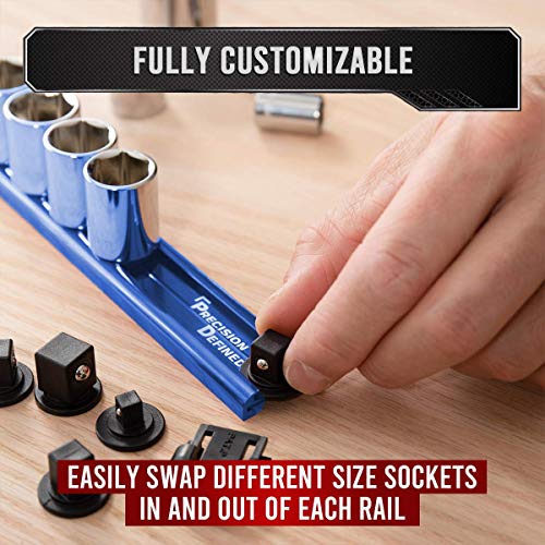 Precision Defined Aluminum Tool Socket Holder 3-Piece Set | Blue, 1/4-Inch x 16 Clips, 3/8-Inch x 16 Clips, 1/2-Inch x 14 Clips | 360 Rotation - Heavy Duty Socket Rails Organizer, Socket Storage - color: Blue