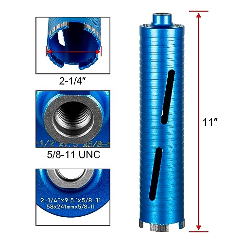 SALI Diamond Core Drill Bits 2 1/4" Diameter 10"/254mm Drilling Depth 5/8-11" Thread Core Bit Turbo Laser-Welded Segments for Cured Concrete with, Brick, Block, Masonry, with Two Adapters - size: 2 1/4 inch