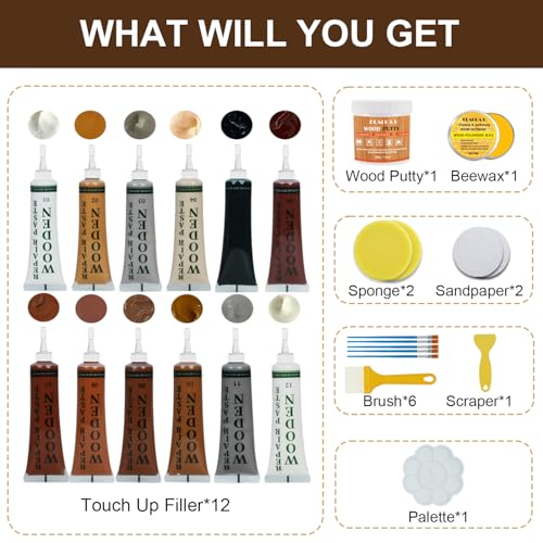 Wood Furniture Repair Kit, 26pcs Touch Up Wood Putty, 12 Colors Touch Up Filler, Beeswax, Furniture Repair Kit for Repair Scratches, Cracks, Hole for Table, Door, Easy to Use