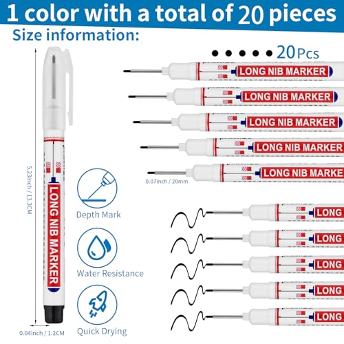 20 PCS Long Head Deep Hole Marker Pens,20mm Long Nib Marker,Longs Nose Markers,Waterproof Construction Markers Marking Tool,Permanent Markers Carpenter Ink marker Pens,Metal marking Pens,Black - color: 20PCS-20MM Black