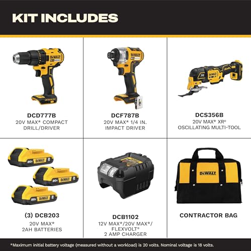 DEWALT 20V MAX 3-Tool Brushless Power Tool Set, Includes 1/2 Cordless Drill,1/4 Impact Driver, Oscillating Tool, 3 Batteries and a Charger, Extended Runtime, Lightweight (DCK360D3) - style: 3 Tools + 3 Batteries