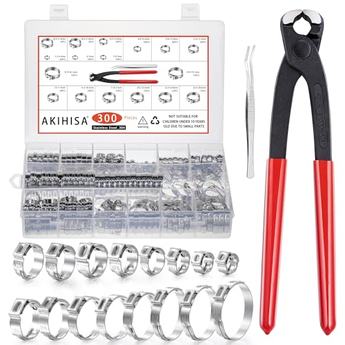 AKIHISA 300pcs 16 Sizes Single Ear Hose Clamps, 5.3-36.1mm Stainless Steel_304 Crimp Hose Clamps Cinch Rings Assortment Kit for Automotive, Pipe, Plumbing - size: 300Pcs (5.3-36.1mm)
