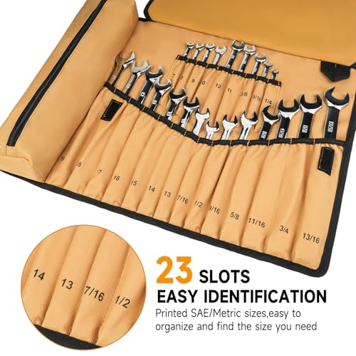 23+1 Pockets Wrench Roll Organizer,Metric/SAE Wrench Roll Up Pouch,No Tools - color: Brown