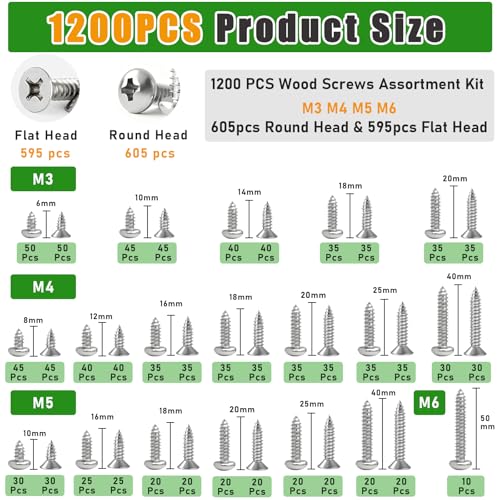 1200 PCS Stainless Steel Wood Screws Assortment Kit,Self Tapping Screws M3/M4/M5/M6 Screws Assortment Kit,1200Pcs(605pcs Round Head & 595pcs Flat Head) Sheet Metal Screws Assorted - size: 1200PCS-SV