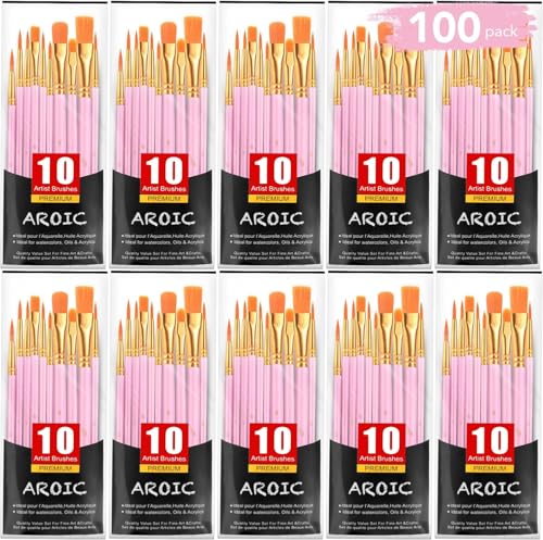 AROIC Painting Brushes Set, 10 Packs /100 Pieces, Nylon Brush Head - size: 100pcs-pink