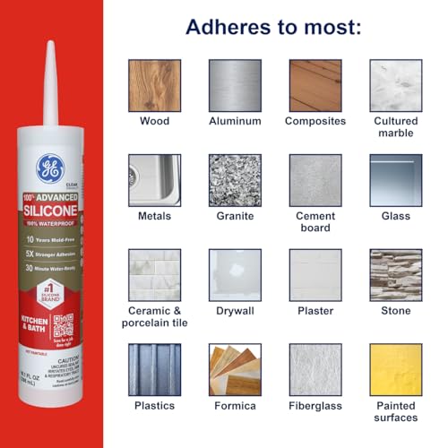 GE Advanced Silicone Caulk for Kitchen & Bathroom, Clear, 10 fl oz Cartridge, 2 Pack - 100% Waterproof Silicone Sealant, 5X Stronger Adhesion, Shrink & Crack Proof - size: Pack of 2, style: Clear