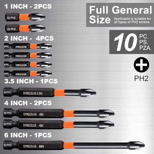 DYRECELVE 10-Piece Phillips Bits #2 Impact, 1-6 Inch Long Screwdriver Bits - color: 1'' to 6'' Ph2 10-pcs