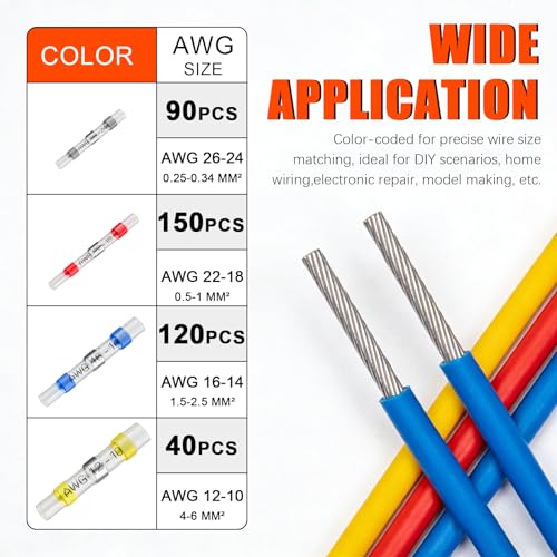 400PCS Solder Seal Wire Connectors Kit, Waterproof Solderless Heat Shrink Butt Terminal Insulated Electrical Butt Splice for Automotive Marine Boat Cars Wire Join