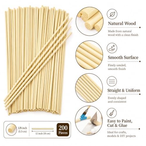 Rclxl 200Pcs Wooden Dowel Rods 1/8 x 12 Inch Wood Sticks for Crafts DIY - size: 1/8" x 12"