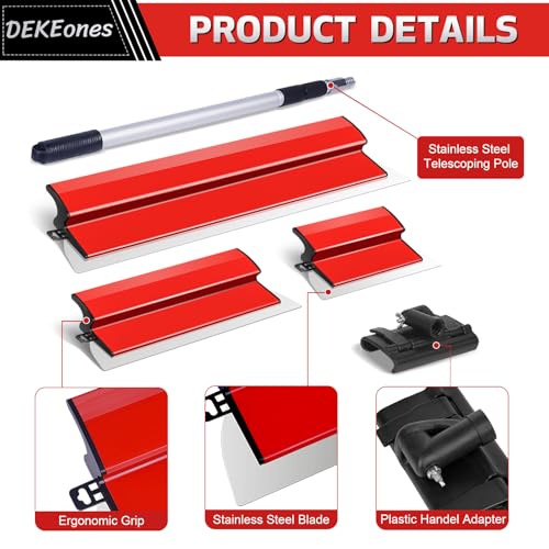 DEKEones Drywall Skimming Blade Set, Stainless Steel 10",16" & 24" Skimming Blades with 28"-62" Extension Handle Pole, Professional Drywall Skimming Tools for Smoothing Wall and Ceiling