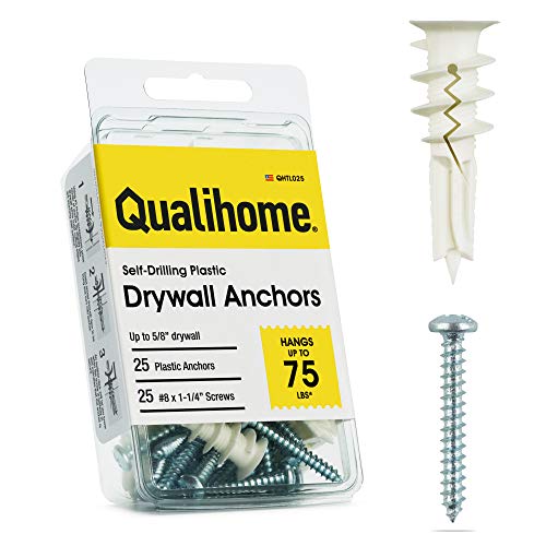 Qualihome Drywall Anchors with Screws – Self-Drilling Drywall Anchors, Anti-Spin Grip, No Pre-Drill Wall Anchor Kit, Strong & Reliable Hold, 25 Pack (50 Pieces) - style: 25 Pack (50 Pieces)