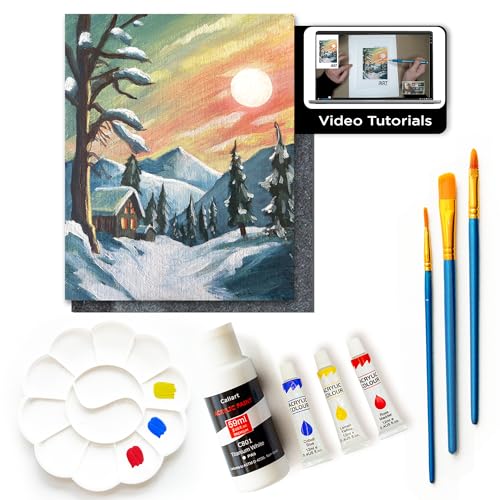 Painting4Real Acrylic Art Painting Kit with Video Tutorials - Learn to Paint Cabin in The Snow - How to Paint with Acrylic Paint Set for Adults, 9 Peices Painting Set for Beginners, Adults, Art Lovers - color: Cabin in the Snow