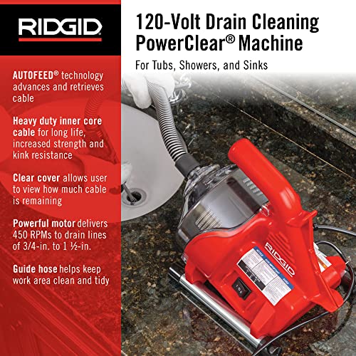 RIDGID 55808 PowerClear 120-Volt Drain Cleaning Machine Kit for Tubs, Showers, and Sinks, Drain Cleaner Machine Kit with AUTOFEED, Inner Core Cable, and Guide Hose