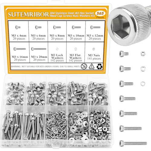 565 Pieces M3 Screws Nuts Washers Set, Sutemribor M3 x 4/6/8/10/12/16/20mm Hex Socket Head Cap Screws Nuts Washers Assortment Kit, 304 Stainless Steel, Fully Threaded - size: M3, style: Socket Head