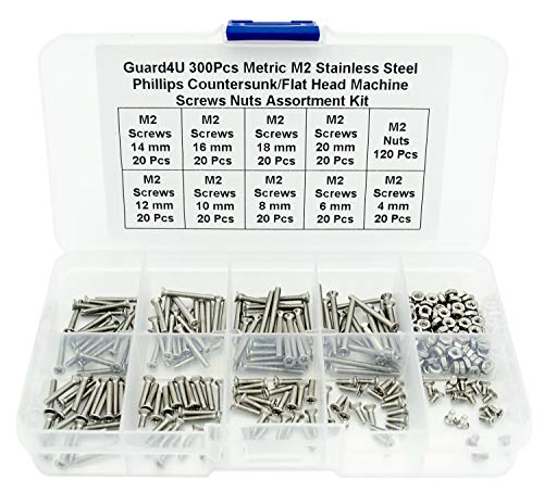 300Pcs Metric M2 Stainless Steel Phillips Countersunk/Flat Head Machine Screws Nuts Assortment Kit- M2x 4mm/ 6mm/ 8mm/ 10mm/ 12mm/ 14mm/ 16mm/ 18mm/ 20mm - size: M2
