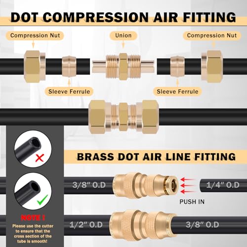 CheeMuii 100PCS Brass DOT Air Line Fittings with 3 Roll 50FT DOT Air Lines - size: 50FT-3ROLL-100PCS