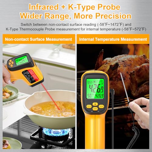 Infrared Thermometer Gun, Dual-Mode with Non-Contact IR & K-Type Thermocouple Probe Meature, -58°F to 1472°F High Accuracy Laser Temperature Gun with Emissivity, Humidity, for Cooking, Industrial Use