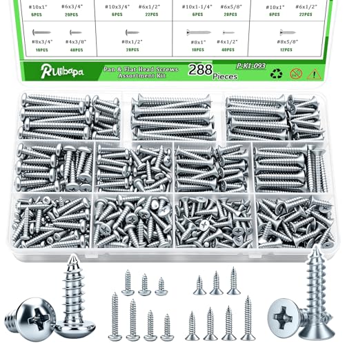 288PCS Screws Assortment Kit,Self Tapping Wood Screws #4/#6/#8/#10 Screw Assortment Kit,Round Head Screws Length 3/8" to 2",Sheet Metal Screws Assorted - size: 288PCS-SV