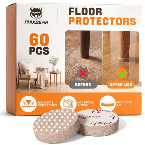 PHIXBEAR 60Pcs Chair Leg Floor Protectors with Silicone Dots, 1" Felt Pads
