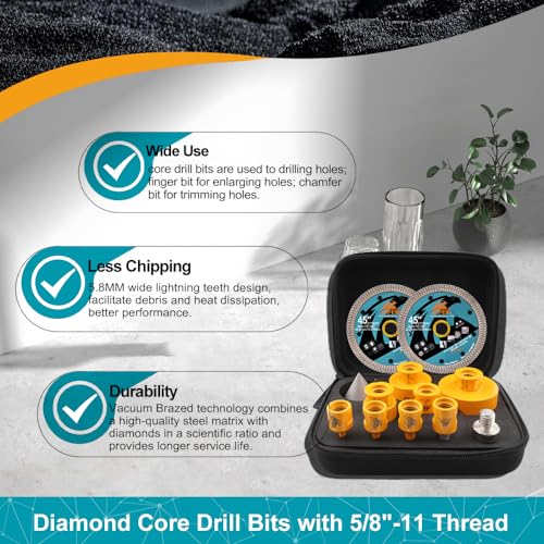 Diamond Tile Hole Saw Kit 12pcs - Tile Drill Bits 1/4" to 2-1/2" - size: Set 1
