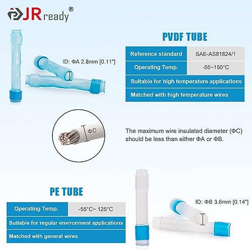 JRready ST6385-16-10 Blue Heat-Shrink Crimp Butt Splice 20-16 AWG (M81824/1-2 Equivalent), Solderless Connector with Alternative Temp. Heat Shrinkable PVDF(-55~150°C) and PE (-55~125°C) Tube - color: 16#Blue-10Sets