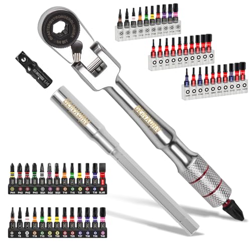 Geinxurn 60Pcs 180° Pivoting Flex Head T-Handle Ratchet Wrench Set, 72-Tooth 1/4" Reversible Ratchet with Extension Bar, Socket Adapter & 1" Impact Screwdriver Bits (Phillips/Torx/Hex) for DIY - size: 60pcs-Changeable