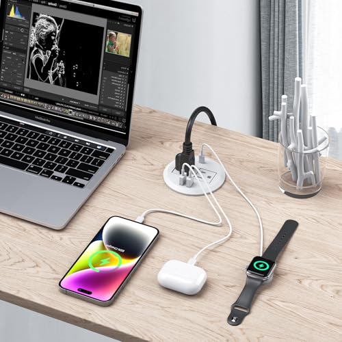 Jgstkcity 2-in-1 Desktop Power Grommet with USB-C Output, 125V, 12A, 2 AC Outlets, 3 USB Charging Ports, White - color: White