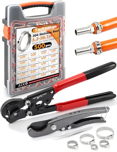500PCS 20 Size Single Ear Hose Clamp Kit and PEX Crimping Tool,Cinch&Remove - size: 500 PCS 20 Size