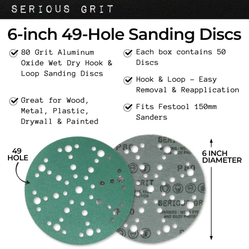 Serious Grit - 6-Inch 49-Hole P80 Grit Sanding Discs - 50 Pack Box - size: 80 Grit