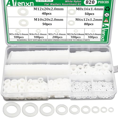 820PCS White Nylon Washers Assortment Kit, Nylon Flat Washers for Bolts, 9 Metric Sizes Rubber Washers for Screws -M2, M2.5, M3, M4, M5, M6, M8, M10, M12 - size: WHT M2-M12 (820PCS), style: Nylon Washer