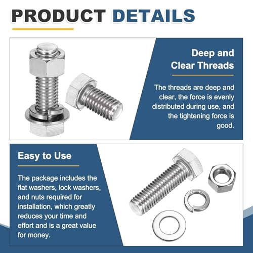 MECCANIXITY M10 x 200mm 304 Stainless Steel Hex Head Screws Bolts, Nuts, Flat & Lock Washers Assortment Kit, Fully Threaded, Bright Finish for Home, Electronic, Machine, 1 Sets - size: M10 x 200mm