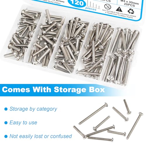 120 Pcs Cabinet Pulls Knobs Screws, M4x16/18/20/25/30mm | M4 Machine Screws Pan Washer Head Metal Phillips Screws Kit for Cabinet Drawer Cupboard Closet Handles Install - size: M4×16/18/20/25/30mm
