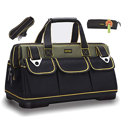 FASTECH 22-inch Wide Mouth Tool Bag with Water Proof Molded Base，Wide Mouth Tool Tote Bag,Waterproof Tool Organizer Bag for Men with Adjustable Shoulder Strap (22 inch) - size: 22 inch-Black-With Bottom Shell
