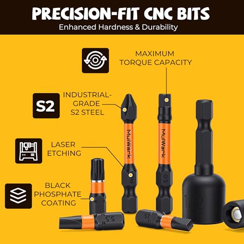 MulWark 63-Piece Impact Driver Bit Set, Impact Rated S2 Steel Impact Bit Set with Color-Coded Torx Bit and Magnetizer, Professional Tool Kit for Impact Drivers, DIY, and Construction