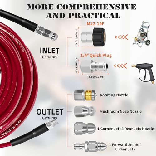 200FT Sewer Jetter Kit for Pressure Washer, 5800PSI Drain Cleaner Hose - color: Red-200FT hose