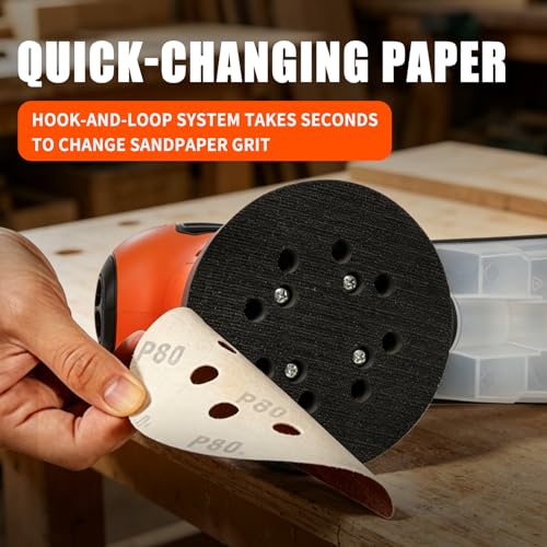 5-inch Orbital Sander, Random Orbit Sander With 6 Variable Speeds, 12pcs Sandpapers, Dust Collection For Woodworking And Sanding