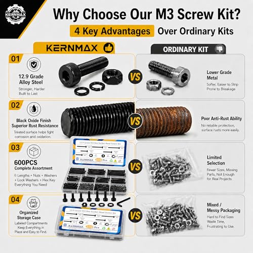 600PCS M3x25/30/35/40/45/50mm Hex Socket Head Cap Screws, Nuts & Washers Kit, Fully Threaded Long Bolts, 12.9 Grade Alloy Steel, Black Oxide, M3 Machine Screws for Furniture & Repairs - size: M3 600pcs