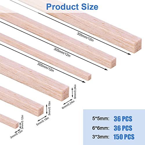 222Pcs Balsa Wood Sticks Variety Wood Strips Balsa Square Wooden Dowels Rod - color: 1/8in+3/16in+1/4in 222pcs