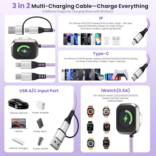 3 in 2 Multi Charging Cable Cord for iPhone Watch Charger/iPhone 17-8 Cable - color: Violet, size: 2Pack5FT