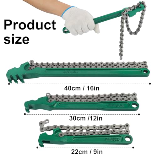 3 PCS Chain Wrench Set, Green Adjustable Chain Oil Filter Wrench (9", 12", 16"), Heavy Duty Carbon Steel Pipe Wrench for Automotive Repair & Plumbing