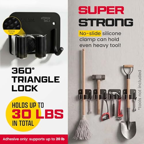 4 Pack Wall Mount Hanger for Brooms & Mops - Heavy Duty Adhesive SUS304 Stainless Steel Broom Holder with 1 Clamp, 1 Hook, & 4 Towel Hangers for Small Nooks & Utility Closet Organization - color: 4 Pack - 1 Clamp