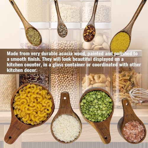 Wooden Measuring Cups and Spoons Set - Eco-Friendly Solid Acacia Wood, Laser Engraved Measurements, Perfect for Baking & Cooking - Ideal for Bakers, Chefs & Home Cooks（brown）