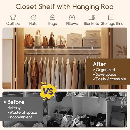 COSTWAY Closet Shelves Wall Mounted, Ventilated Shelf with Hanging Rod | Metal Wire Shelving Kit, Wire Wall Shelf for Laundry Room, Bedroom, Home, Mounting Accessories Included (4 ft x 12 in) - size: 4 ft x 12 in