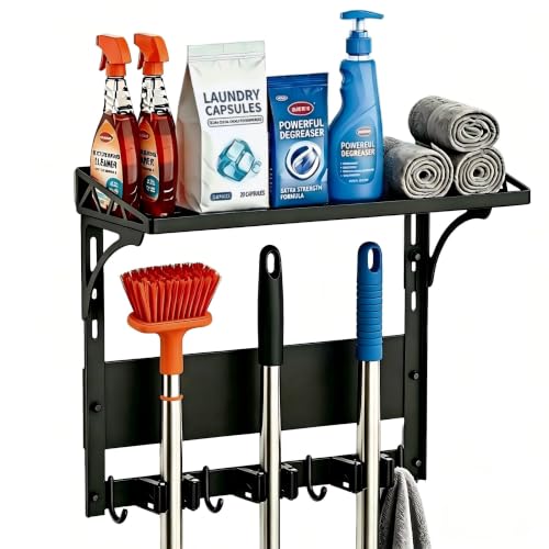 MUTUACTOR Heavy Duty Magnetic Broom Holder,Anti-slip Magnetic Tool Rack with Top Utility Shelf, Easy Assembly Broom Mop Organizer for Refrigerator Metal Cabinet Laundry Room Kitchen,3-Clamps 4-Hooks - style: Heavy Duty Broom Holder with Shelf,1PCS