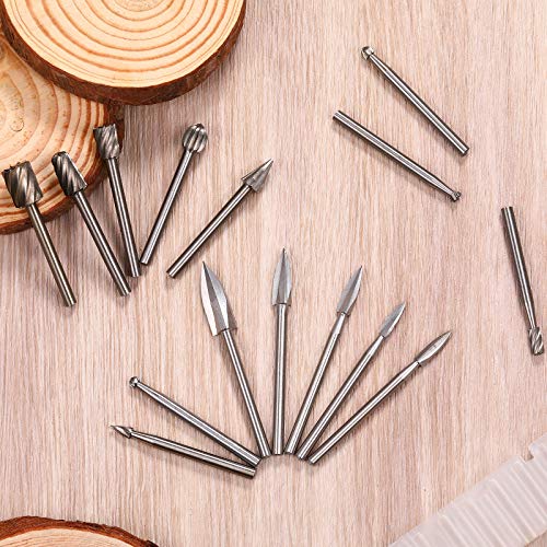 Honoson 15 Pieces Wood Carving and Engraving Drill Bit Set, Including Engraving Drill Accessories Bit and HSS Carbide Wood Milling Burrs for DIY Crafts Supplies