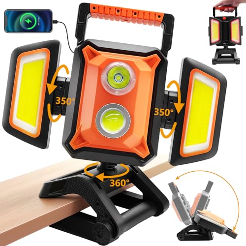 Tresda 4000LM LED Work Light Rechargeable with Clamp, 40W Magnetic Work Light Battery Powered with 5 Light Modes, 350° Rotation, Portable Job Site Lighting for Construction Site,Workshop,Car Repairing - style: Magnetic Clamp Stand