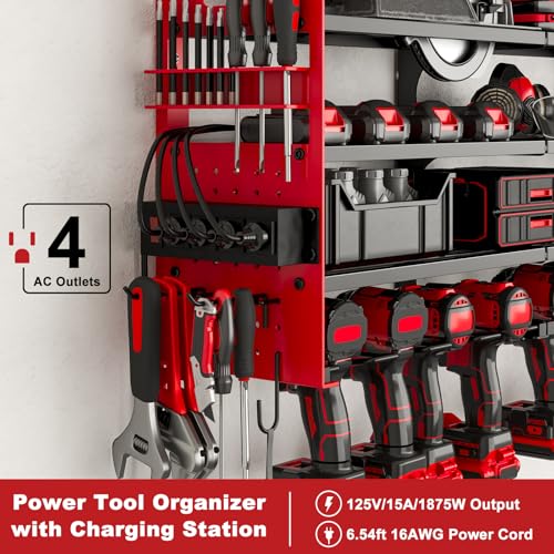 Power Tool Organizer Wall Mount, 12-Drill 4-Tier Charging Station, Red - color: Red