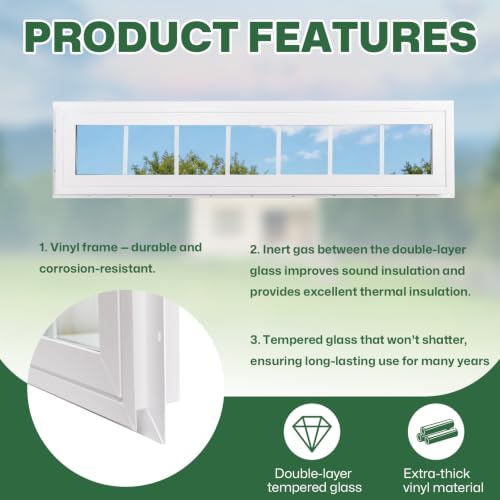NeatiEase Vinyl Transom Window, 12" x 48" Fixed Glass Household Windows with Grids and Dual-pane Tempered Glass for House, Shed, Doors, Garage, Chicken Coop, Basement (White) - size: 12"x48"