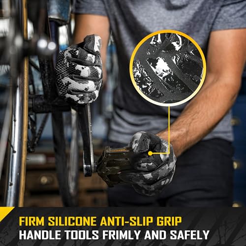 COOLJOB Mechanic Safety Work Gloves, Enhanced Anti-Slip Grip Tactical Gloves, Touchscreen, Breathable, Ultra-Soft, S-XL - color: Black Camo, size: Small