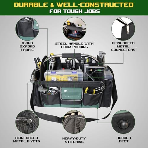 18 Inch Open Top Tool Bag, Tool Bags for Men with 30 Pockets, 1680D Waterproof Fabric, Foldable Electrician Tool Bag with Rotating Handle, Reflective Tool Organizer for Men, Green - color: Black-Green